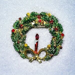 Christmas Wreath Brooch Rhinestone Candle Enamel Holiday Brooch